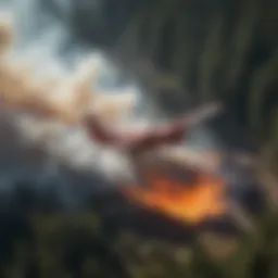 Aerial view of firefighting aircraft deploying water over a forest fire