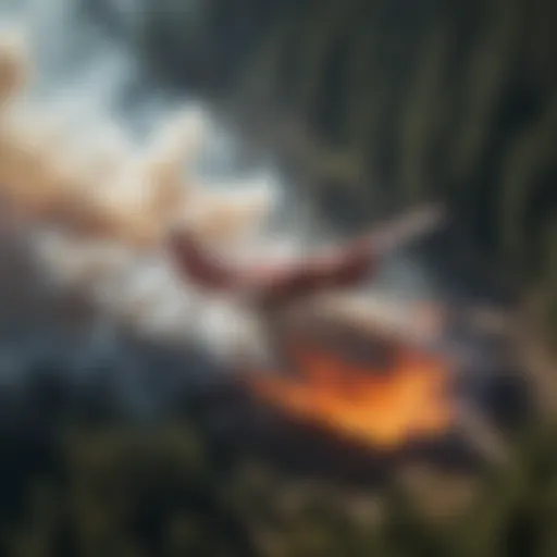 Aerial view of firefighting aircraft deploying water over a forest fire