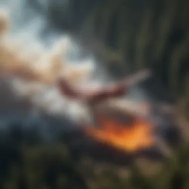 Aerial Firefighting in Action Aerial view of firefighting aircraft deploying water over a forest fire