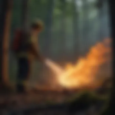 A firefighter in a woodland setting demonstrating advanced fire suppression techniques.