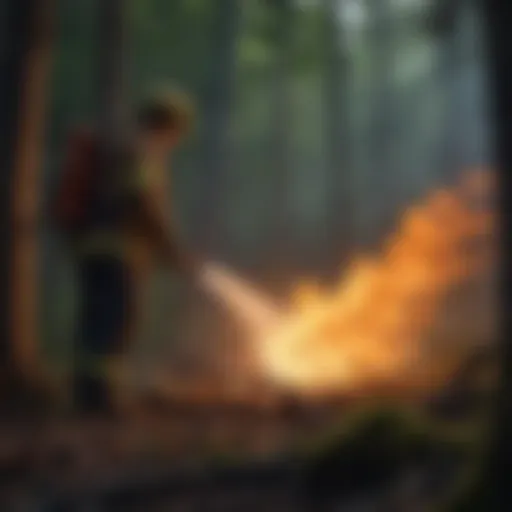 A firefighter in a woodland setting demonstrating advanced fire suppression techniques.