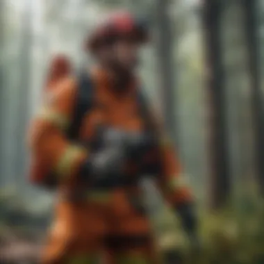 Modern Firefighting Equipment for Woodland Protection High-tech firefighting equipment suitable for woodland areas showcased in a natural environment.