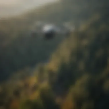 Drone Surveying Forests Aerial view of a drone surveying a forest landscape.