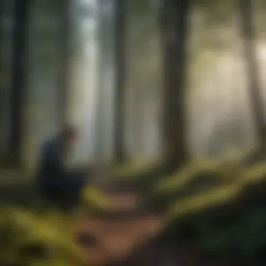 Researching Animal Awareness in Natural Habitats A researcher studying animal behavior in a tranquil forest setting
