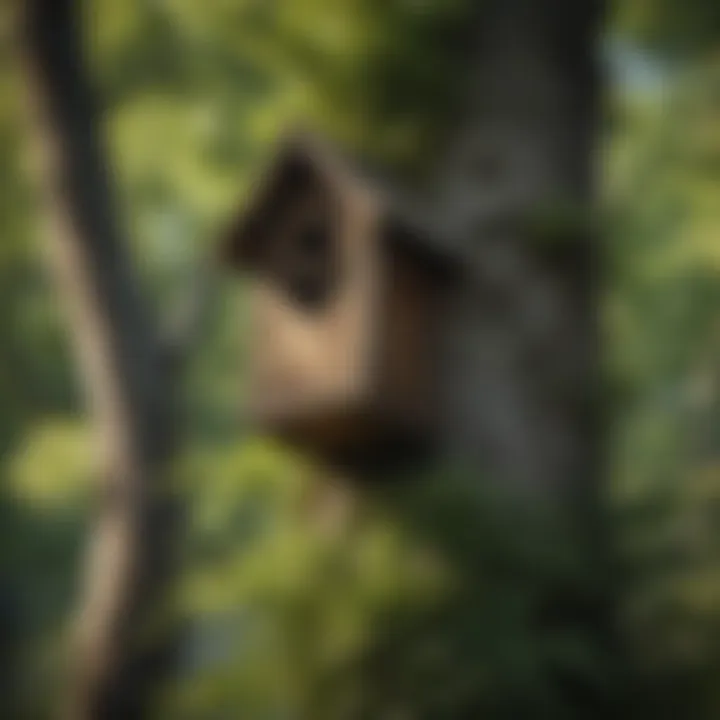 A close-up of a bat house mounted on a tree, surrounded by lush vegetation.