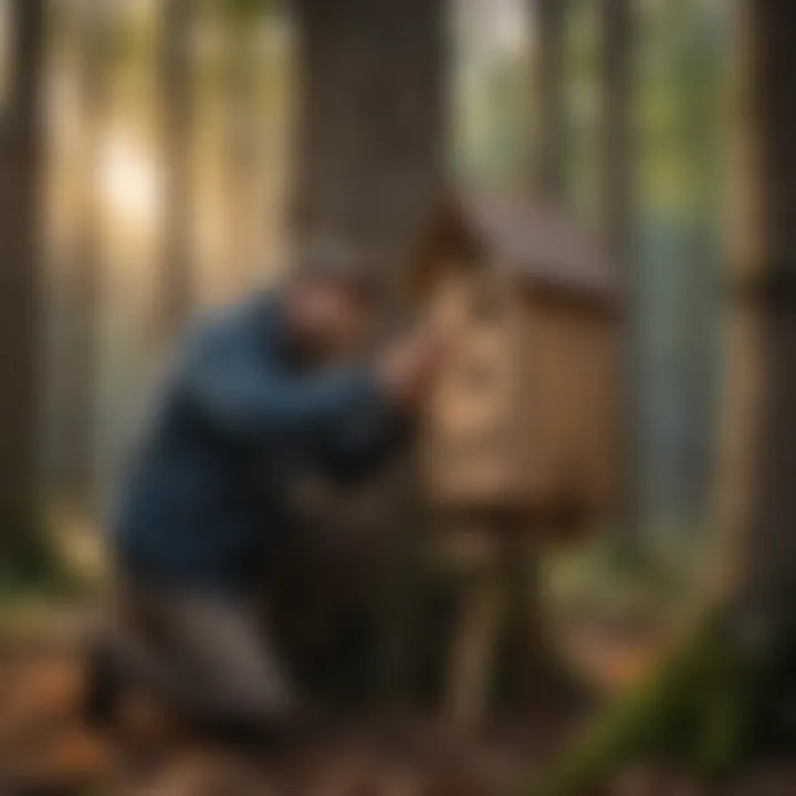 A woodland manager inspecting a bat house