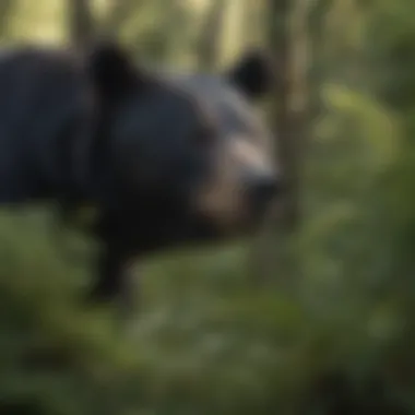 A close-up view of a black bear foraging for food among the lush vegetation.