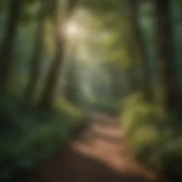 Lush green forest trail with dappled sunlight