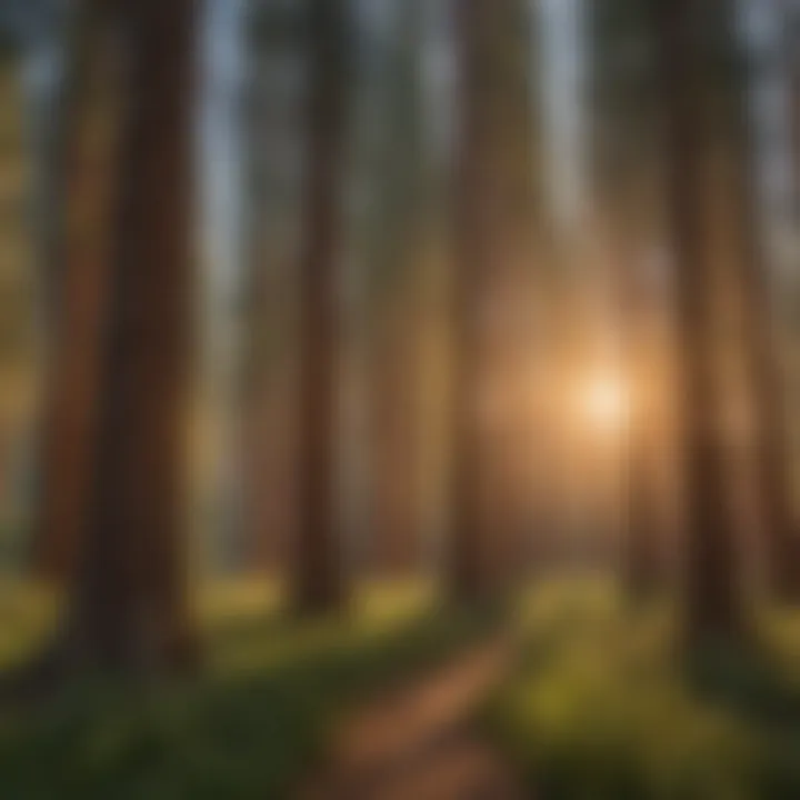 Panoramic view of a sequoia grove during golden hour