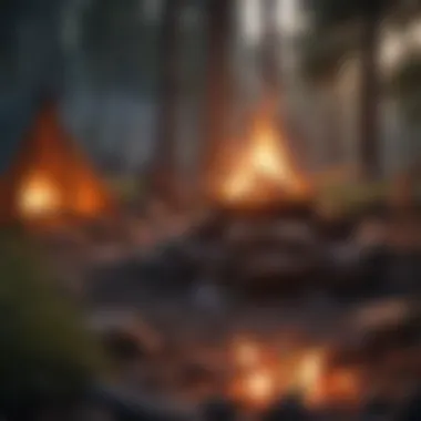 A serene campsite with a glowing campfire at dusk