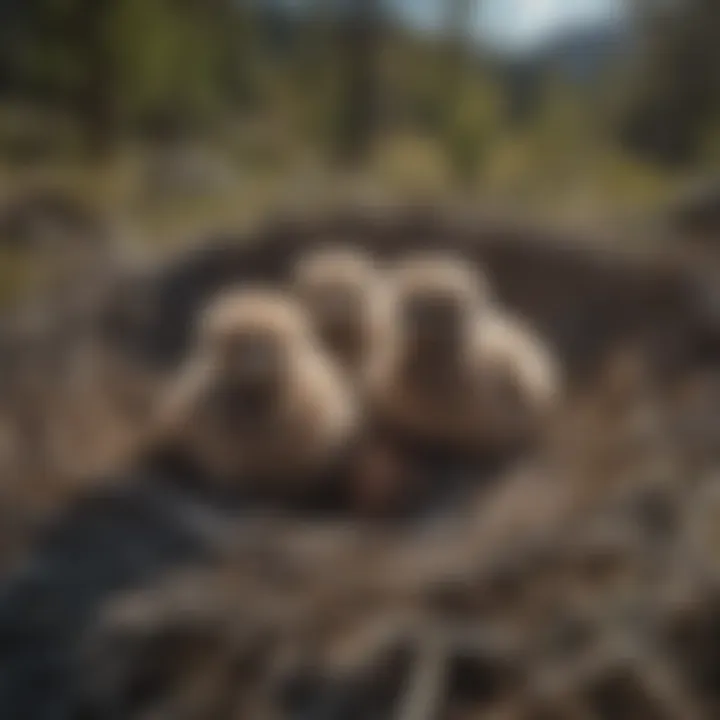 Close-up view of eagle chicks hatching in the nest, showcasing their fluffy feathers.