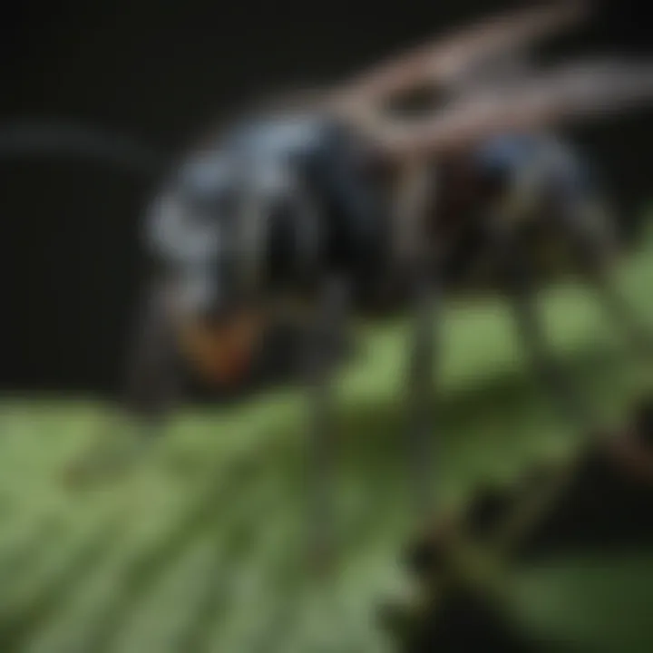 A close-up view of a black and white wasp perched on a leaf, showcasing its distinctive coloration.