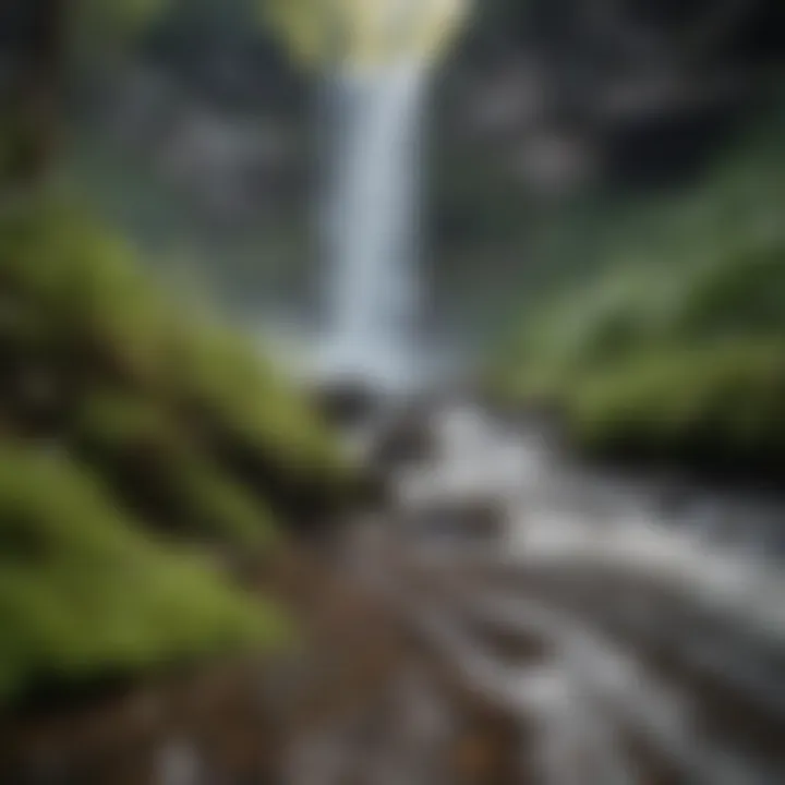 Close-up of water droplets splashing on vibrant flora at the foot of Bridal Veil Falls.