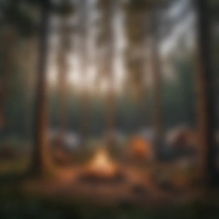 A cozy campsite set up among towering pine trees, with a campfire crackling in the evening.