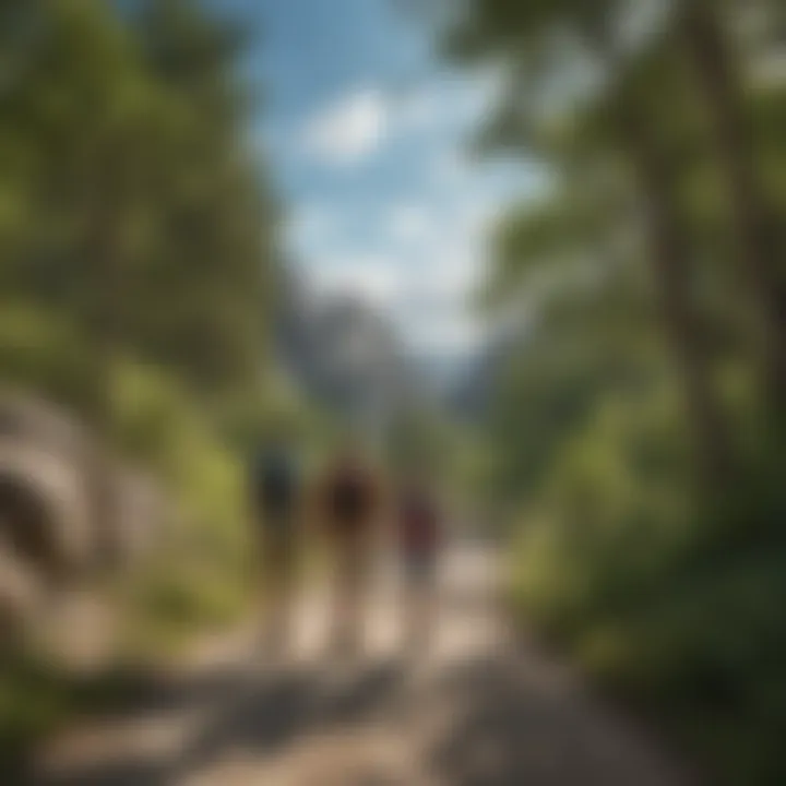 Families enjoying a day of hiking on a picturesque trail near Mount Rushmore, surrounded by lush greenery.