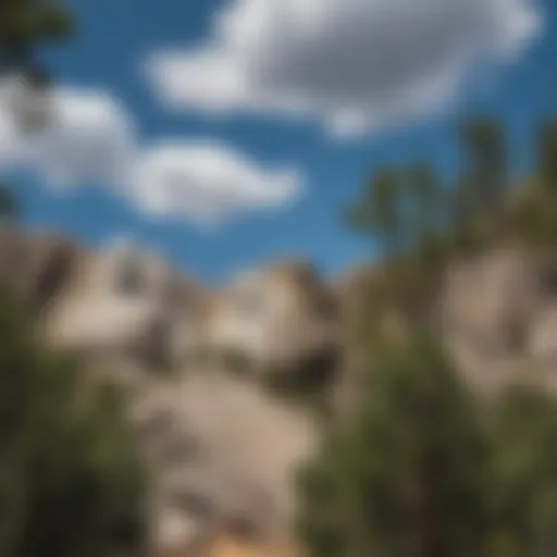 A scenic view of Mount Rushmore from a nearby campground, showcasing the iconic faces against a blue sky.