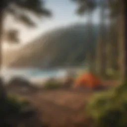 A serene coastal campsite surrounded by towering trees and ocean views