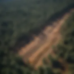 Aerial view of deforested land showing stark contrast with surrounding forests