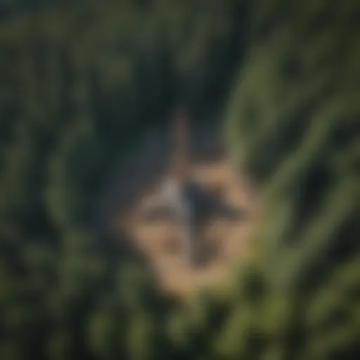 An aerial view of a pump site integrated within a lush forested area