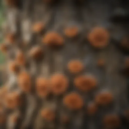 Close-up of a tree trunk showing various types of tree fungus.