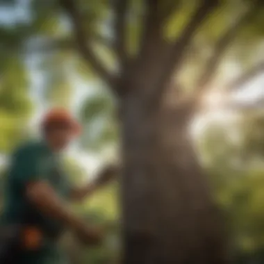 A professional arborist assessing a tree's health before pruning.