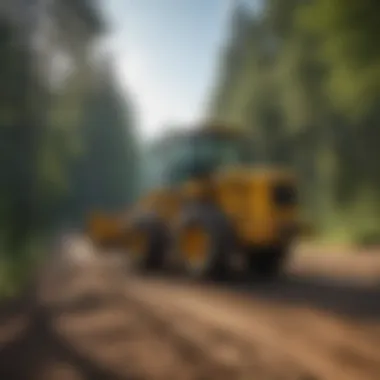 Close-up of a pull type road grader in action, illustrating its operational benefits in woodland management