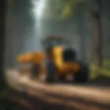 A pull type road grader in a forest setting, showcasing its design and functionality