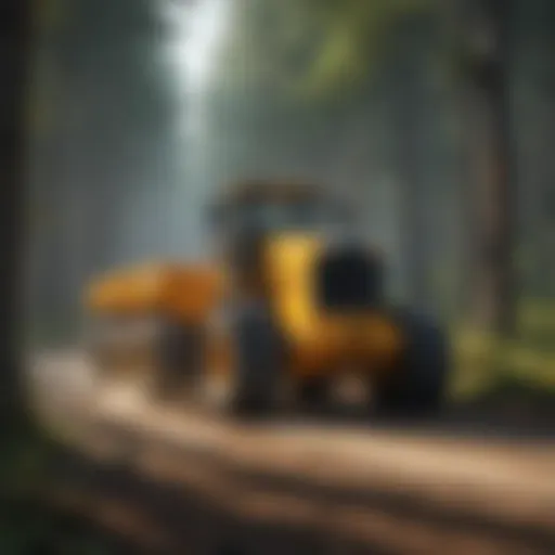 A pull type road grader in a forest setting, showcasing its design and functionality