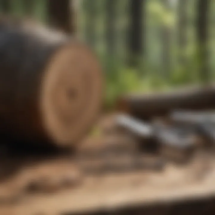 An array of essential tools for effective tree trunk management laid out on a wooden surface