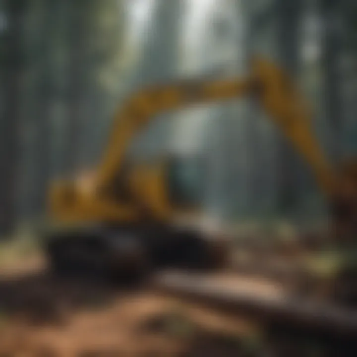 Close-up view of feller buncher cutting trees