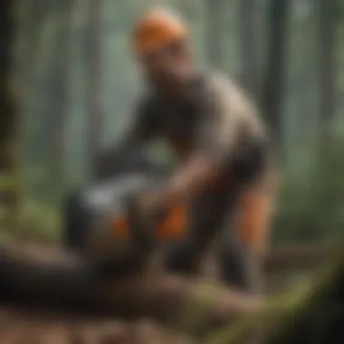 A professional demonstrating safe chain saw handling techniques