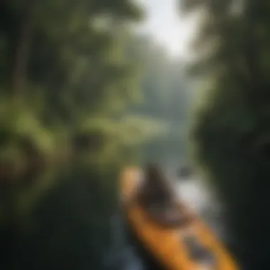 A fisherman casting a line from a kayak surrounded by lush greenery.