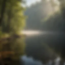 A serene early morning view of Deep Creek Lake with mist rising from the water.