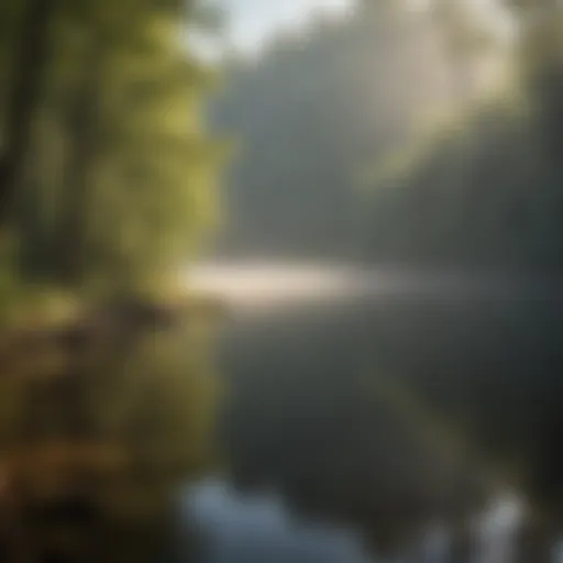 A serene early morning view of Deep Creek Lake with mist rising from the water.