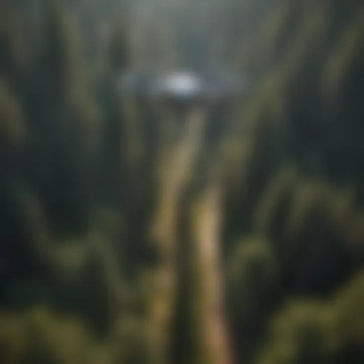 Aerial view of a forest with drones flying above