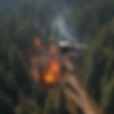 A drone surveying a wildfire area from above