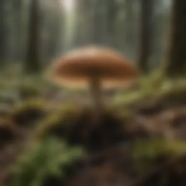 Close-up view of mushroom growth in forest litter