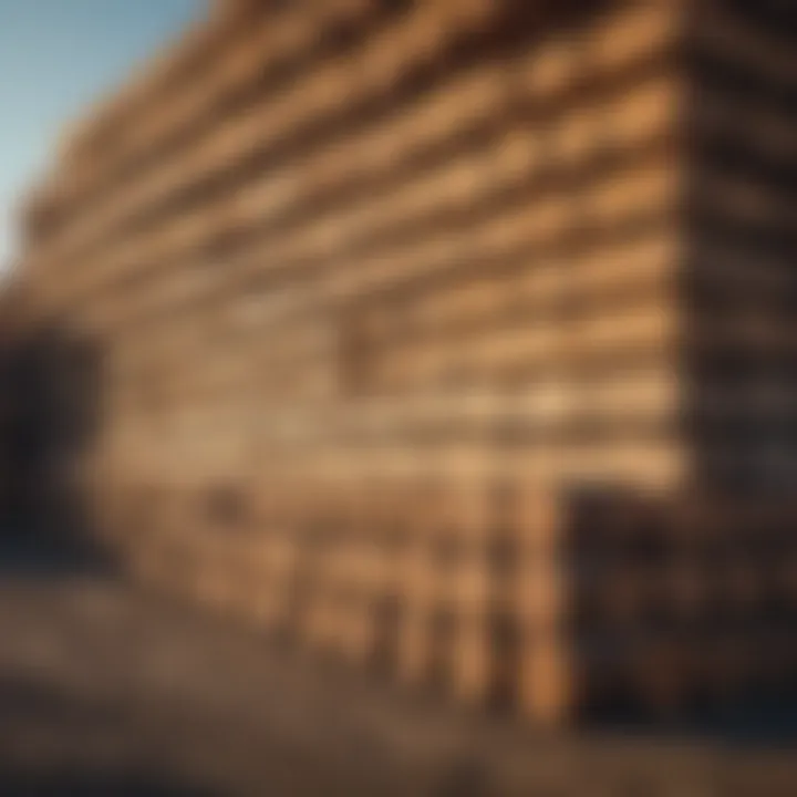 Stack of 4x4 treated posts in a lumber yard