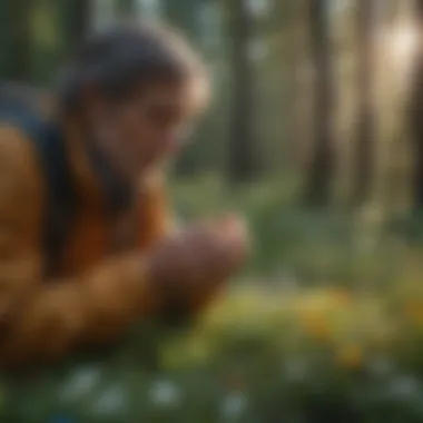 Ecologist Analyzing Rare Wildflower Species An ecologist studying the delicate structure of a rare wildflower species.
