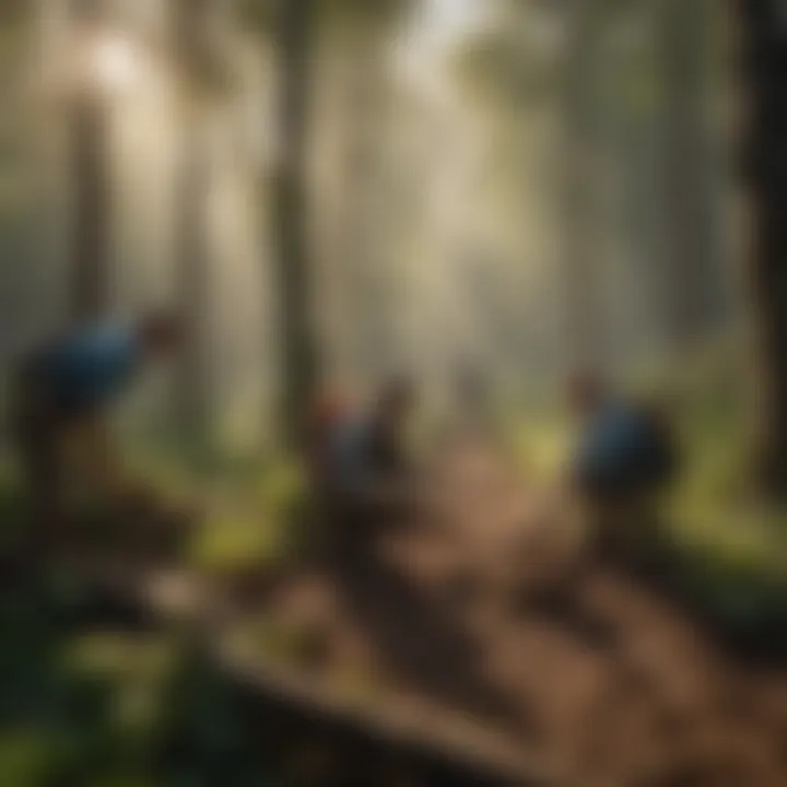 A group engaged in a conservation project, planting trees