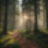 A serene forest landscape with sunlight filtering through the trees