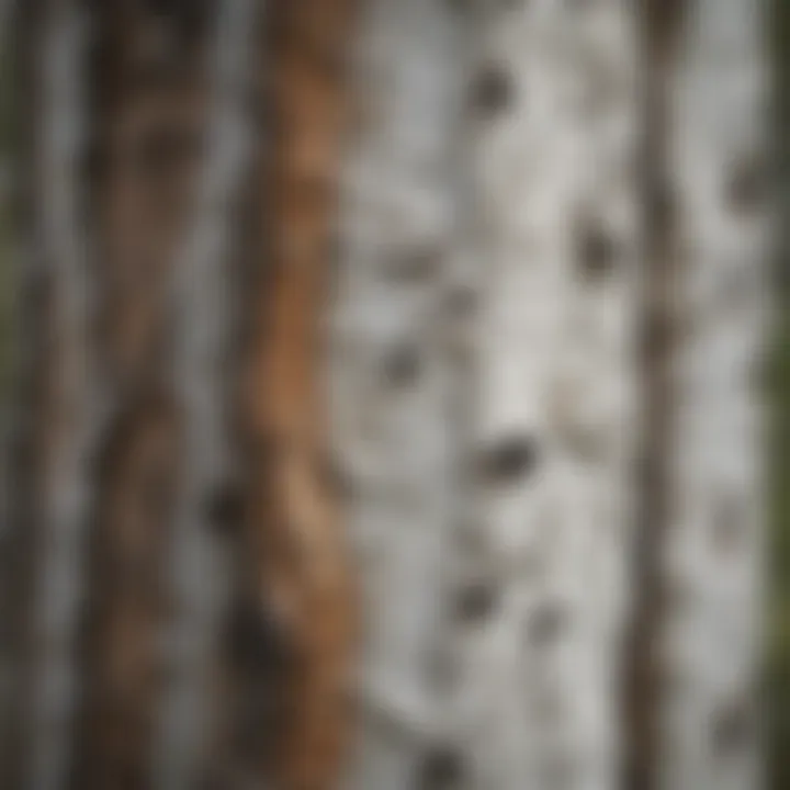 Close-up of aspen bark revealing its distinctive white coloration and black knots