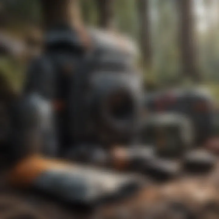Close-up of essential backpacking gear laid out on a rugged surface.