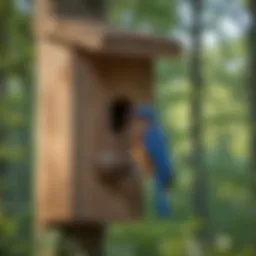 Close-up of a bluebird entering a nesting box in a serene woodland setting
