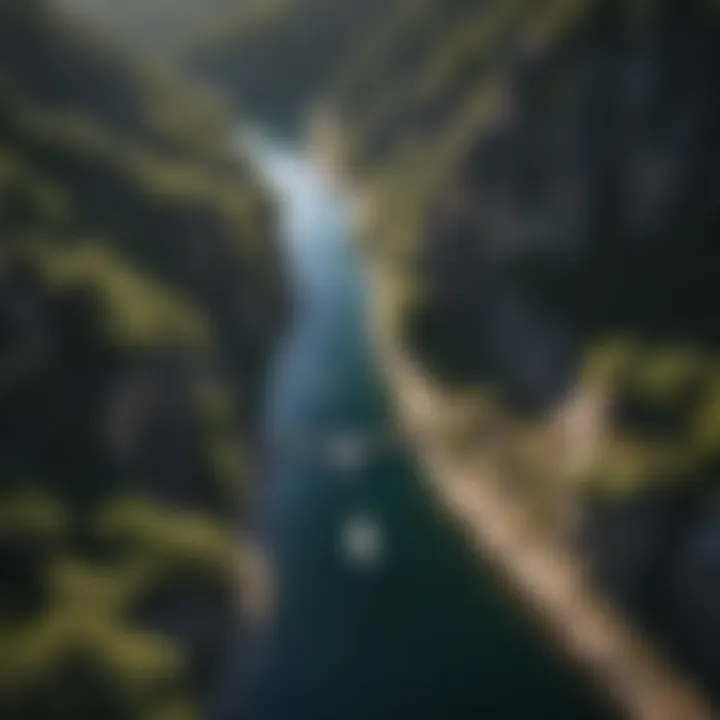 Aerial view of Boat Slip Canyon Lake showcasing its pristine waters and surrounding woodlands.