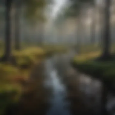 A serene bog landscape featuring diverse flora and water pools