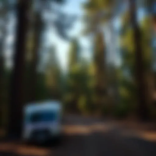 Scenic view of a peaceful campground surrounded by pine trees