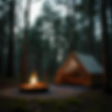 Cozy campsite setup featuring a tent and campfire amidst a tranquil forest
