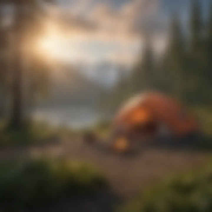 Cozy campsite with a tent set against a beautiful Alaskan backdrop