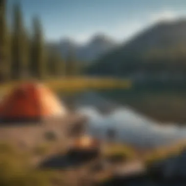 Scenic view of a tranquil campsite by a lake surrounded by mountains